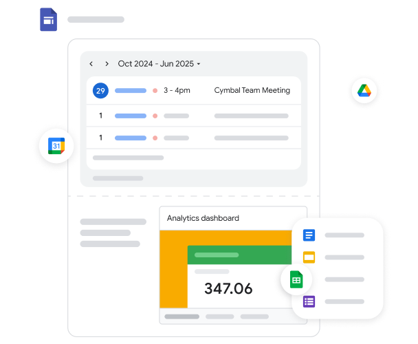 Interfaz de Workspace en la que se muestran eventos de calendario y un panel de estadísticas incorporado